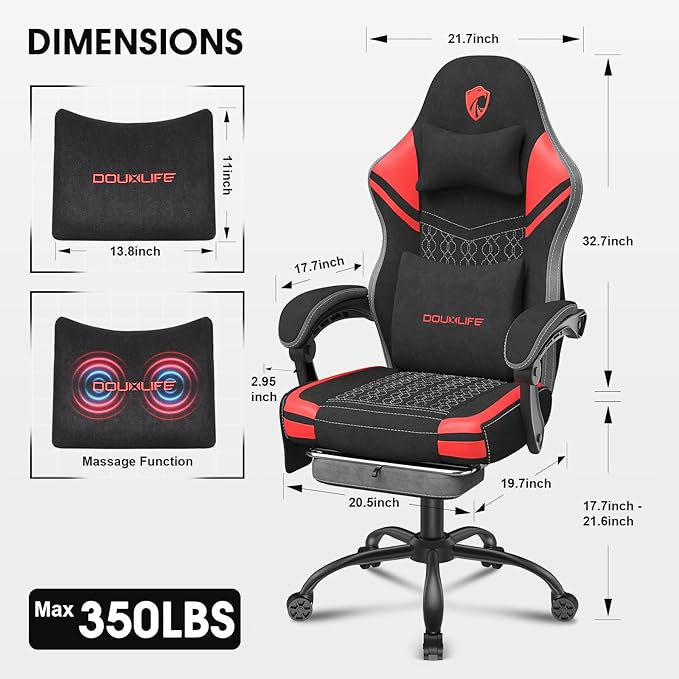 Gaming Chair Tech Fabric Computer Chair with Massage Office Chair with Pocket Spring Widened Cushion High Back Ergonomic Chair with Footrest Lumbar Support Upgraded Metal Legs 350LBS (Red)