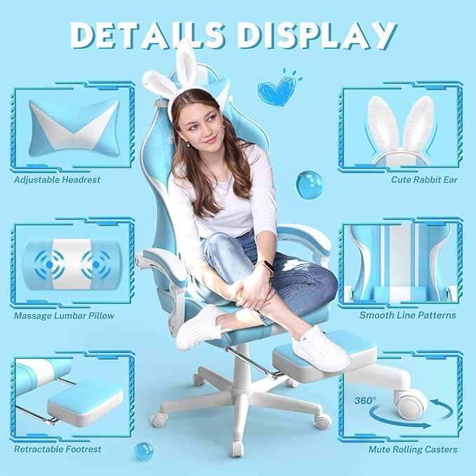 Ferghana Blue Gaming Chair with Bunny Ear Cute Massage Gaming Chairs for Adults &amp Teens Office PC Gamer Chair with Footrest Kawaii Computer Game Chair for Girls Racing Reclining Silla Gamer