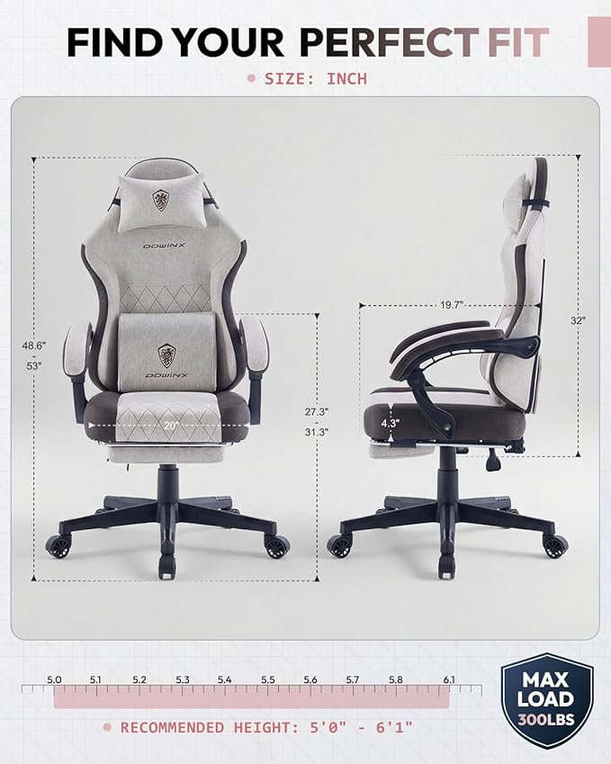 Dowinx Gaming Chair Fabric Gaming Chairs for Adults with Pocket Spring Cushions and Lumbar Support Ergonomic Massage Computer Chair with Footrest for Big and Tall Brown