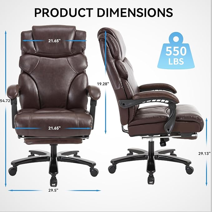 Heavy Duty Executive Office Chair 550lbs Big and Tall Office Chair with Wide Seat Reclining Ergonomic Desk Chair with Footrest PU Leather Computer Chair for Home Office Brown