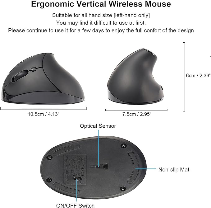 CHUYI Left-Handed Mouse Ergonomic Vertical Rechargeable Wireless Mouse 6 Buttons Optical and Portable Wireless Office Mice with USB Receiver for PC Computer Laptop (Black)