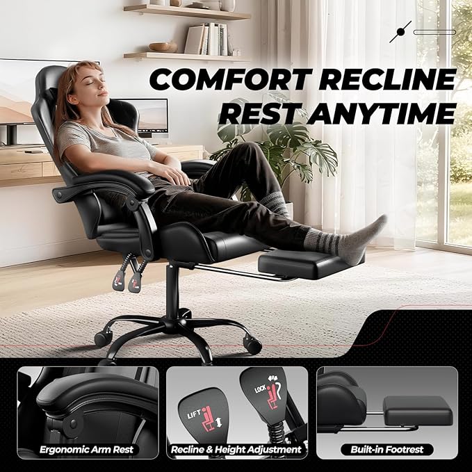 Auto Dynasty Ergonomic Gaming Chair High-Back Office Chair w/Adjustable Lumbar Support Linkage Armrest Headrest &amp Footrest 350LBS Recliner Swivel Computer Game Racing Chair Black