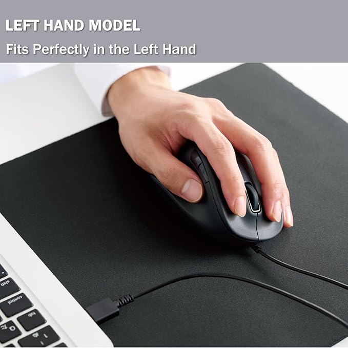 ELECOM Left Hand Wired USB Ergonomic Shape Mouse Silent Click 2000DPI 5 Buttons Optical Sensor Compatible with PC Mac Laptop EX-G Lsize Black (M-XGL31UBSKBK)