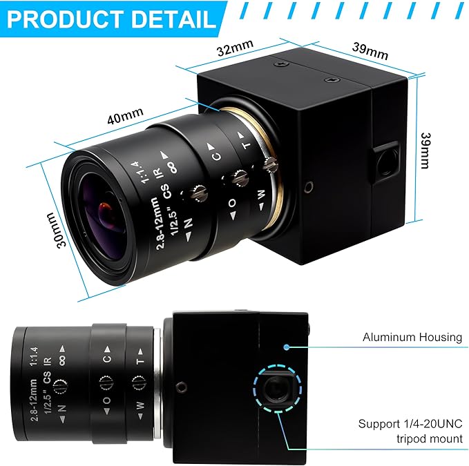 1080P USB Camera with 2.8-12mm Varifocal Lens 0.01Lux Low Light Webcam H.264 IMX323 Computer Camera for Video Conference Plug &amp Play for Windows/Linux/Mac