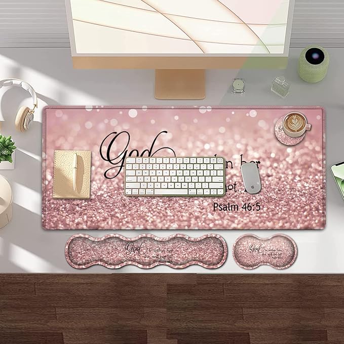 Large Gaming Mouse PadExtended Office Desk MatWaterproof Desk Writing Pad for Office/Home Ergonomic Mouse &ampKeyboard Wrist RestPsalm 46:5 Pattern Laptop Desk Pad Pink Mousepad Wrist Support