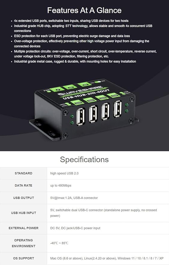 Waveshare Industrial Grade USB HUB Extending 4X USB 2.0 Ports Switchable Dual Hosts Sharing USB Devices for Two Hosts