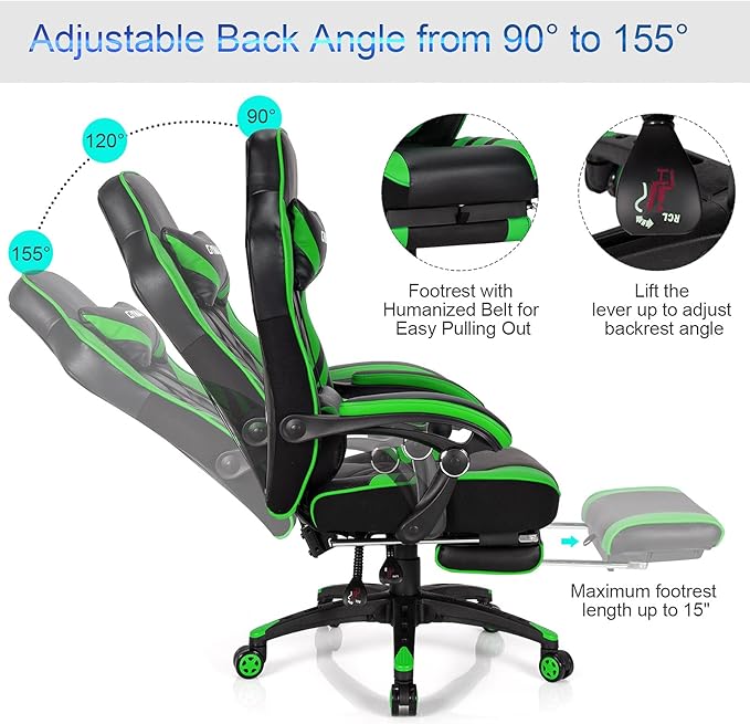 GYMAX Gaming Chair Ergonomic Computer Chair with Footrest Linkage Armrests &amp Lumbar Cushion Big Wide High Back Video Gaming Chair Reclining Office Rolling Chair for Adult/Teens (Green)