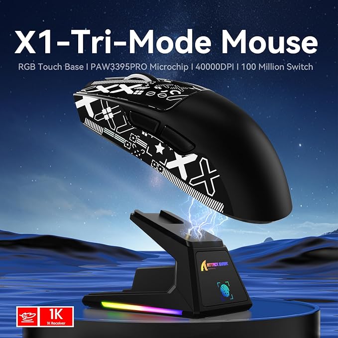 X1 Superlight Wireless Gaming Mouse with RGB Magnetic Charging Dock BT/2.4G Wireless/Wired Gaming Mouse PAW3395PRO Gaming Sensor 40000DPI Tape 53g Office Mice for PC/Mac/Win/Xbox (Black)