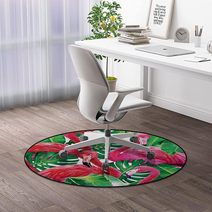 Pink Green Floor Protector Office Chair Mat Gaming Chair Mat Tropic Exotic Leaves Graphic in Retro Style Round Area Rug Swivel Chair Mats for Hardwood Floor Flamingo Diameter 60 in