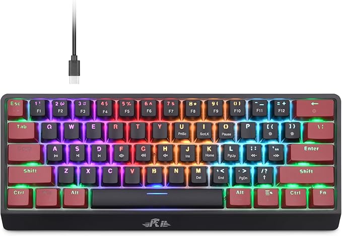 Rii RK806 60% Mechanical Gaming Keyboard61 Keys Compact Wired Keyboard with RGB BacklightClicky Blue SwitchAnti-ghostingfor Windows Laptop PC Mac(Black&ampRed)