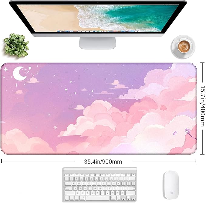 Cute Anime Cloud Desk Mat Beautiful Pink Stitching Edge Non Slip Rubber Mouse Pad Suitable for Female and Girl Office Decoration 35.4 x 15.7 x 0.12 Inches