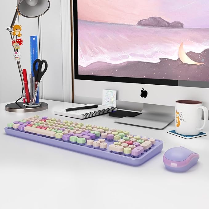 Wireless Typewriter Keyboard and Mouse - Wireless Keyboard with Silent Mouse Cute Retro Keyboard Mouse Combo 2.4G USB Computer Keyboard and Mouse for Windows Laptop/Desktop/PC(Purple)