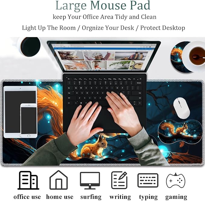 4 in 1 Mouse Pad Combo Large Gaming Mouse Pad + Keyboard Wrist Support + Mouse Wrist Rest + Coaster Table Pad 31.5 x 11.8 with Memory Foam Ergonomic Wrist Pad Set Glowing Squirrel