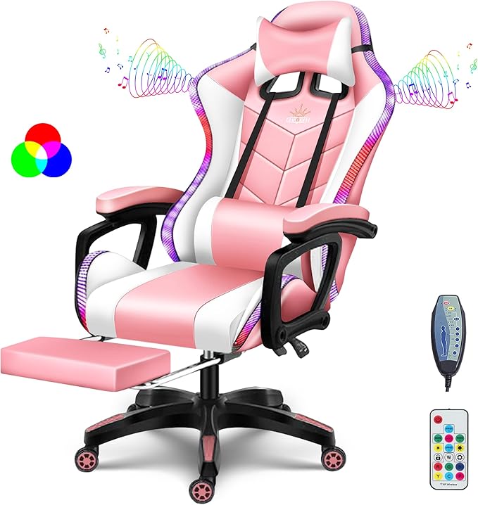 RGB Gaming Chair with Speakers Ergonomic Massage Computer Chair with Footrest Lumbar Support Headrest PU Leather 360°Swivel Recliner Chair High Back Video Game Chair for Adult TeensPink