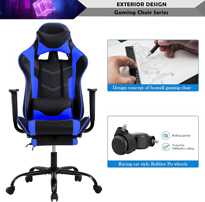 PC Computer Lumbar Support HeadrestHigh Back Racing Office Video Gaming Rolling Swivel Task Chair for Kids or AdultsBlue