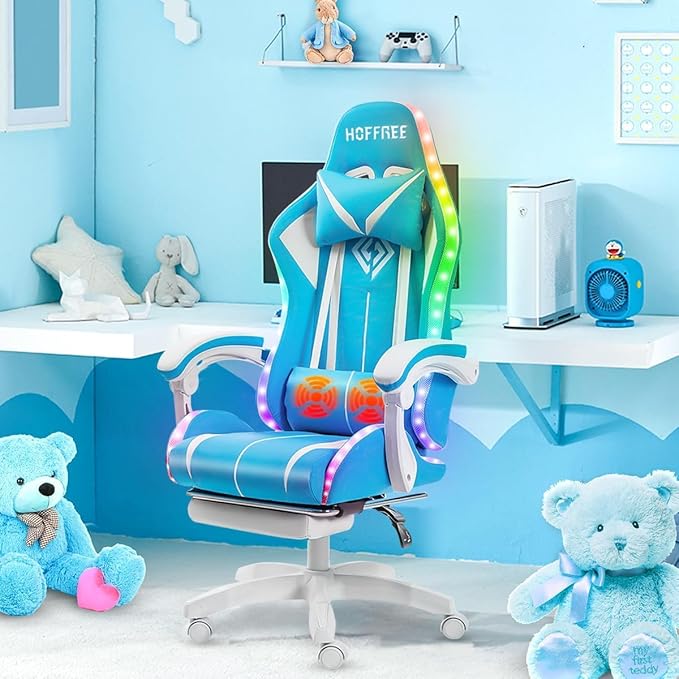 RGB Gaming Chair with LED Lights Ergonomic Massage Computer Chair with Footrest Reclining Video Game Chair with Adjustable Lumbar Support High Back Game Chairs for Adults Light Blue and White