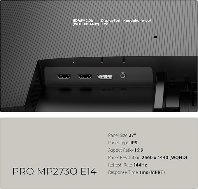 msi PRO MP273Q E14 27-inch IPS 2560 x 1440 (QHD) Computer Monitor 144HzAdaptive-Synch HDMI DP Port VESA Mountable Tilt Speaker 1ms Black