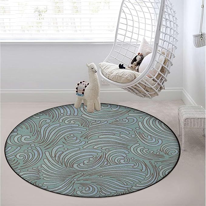 Seafoam White Rug for Kitchen Bathroom Bedroom Living Room -Round Floor Mat Modern Area Rugs Runner Abstract Victorian Style Floral Leaves Diameter 39.4 in