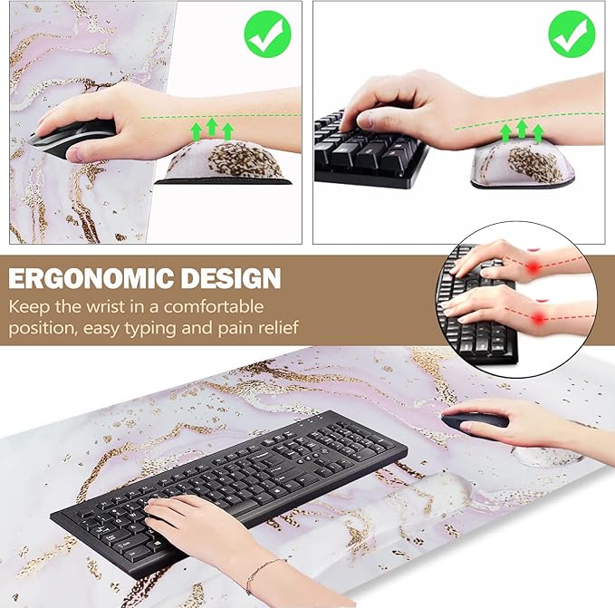 ARTSO Large Gaming Mouse Pad Keyboard Wrist Rest Pad &amp Wrist Support Mousepad Set Stitched Edge Extended Non-Slip Base Memory FoamMultifunctional Desk Mat 4pcs for Office &amp Home Pink Ma