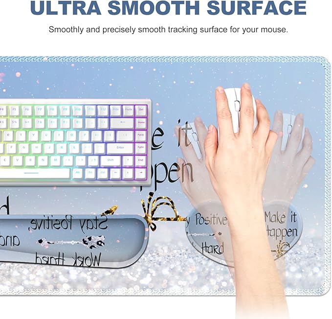 Desk Mat Gaming Mouse Pad Wrist Rest Support Combo XXL Large Mousepad + Keyboard Wrist Support +Mouse Wrist Rest+Coaster Set with Ergonomic Design 4in1 for Home Office Stay Positive Blue