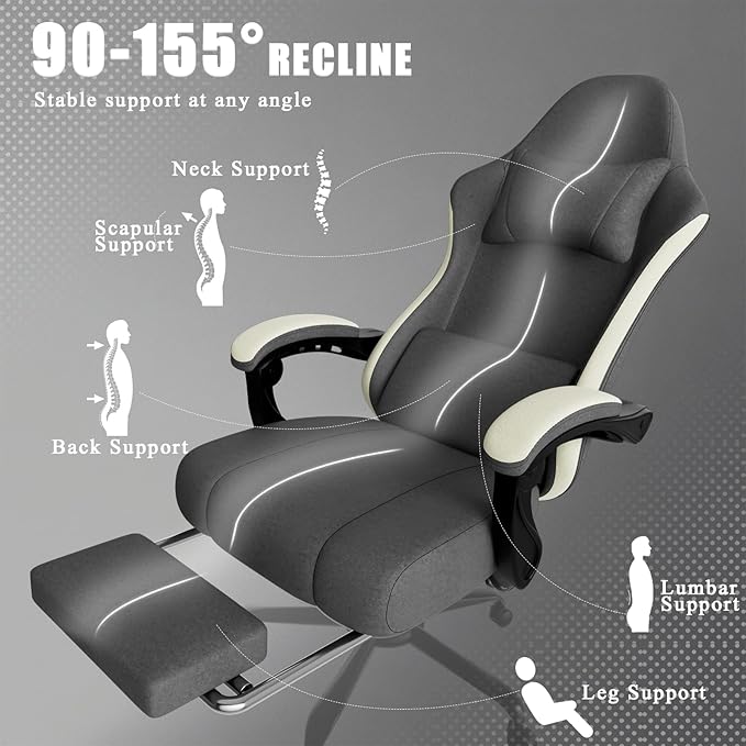 Gaming Chair High Back Fabric Computer Chair with Pocketed Spring Cushion and Footrest Height Adjustable Game Chair with Headrest and Lumbar Support (Beige &amp Gray)