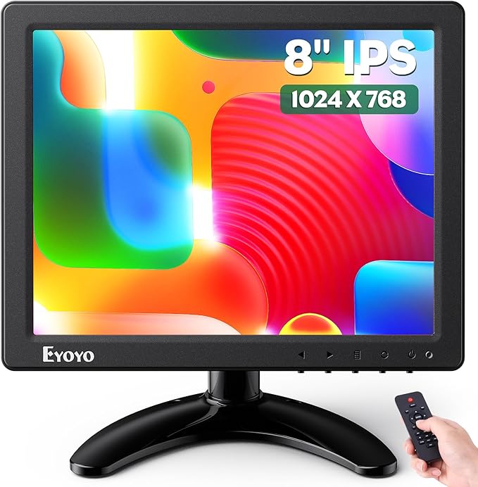 Eyoyo 8 Inch Small Monitor 1024x768 4:3 IPS Mini Security Camera Monitor Screen Support HDMI VGA AV BNC Input with Remote Control Video Monitors for Retro Computer PC NVR CCTV Raspbery Pi