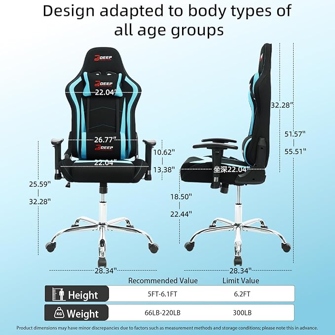 Gaming Chair High-Back Ergonomic Computer Chair Adult Lumbar Support Breathable Fabric Office Chair 3D Independent Armrests.(1005-LightBlue)