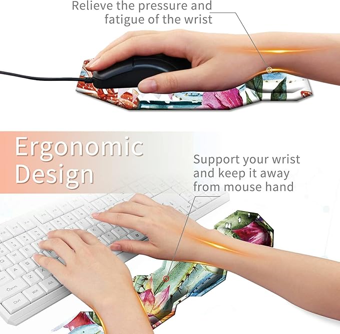 Cactus Succulent Keyboard Wrist Support Pad Mouse Pad with Wrist Rest Matching Coasters Ergonomic Gaming Mousepad Wrist Cushion Gel Memory Foam Easy Typing Pain Relief for Home Office