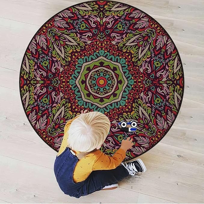 Abstract Round Rug Tile Flooring Colorful Durable Anti-Slip Hand Washable and Protects Floors 70s Party Hippie Vintage MiniMulticolor Diameter 47.2 in