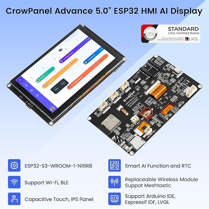 ELECROW ESP32 Display 800×480 5 HMI Advanced ESP32 IPS Touch Display Support AI Speech Interaction 32-Bit LX7 Dual-Core Processor Up to 240MHz Compatible with Arduino ESP-IDF and LVGL