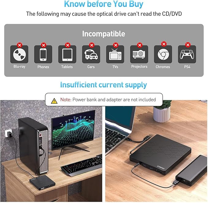 External CD DVD Drive CD Burner USB 3.0 with 2 USB Ports and 2 TF/SD Card Slots Optical Disk Drive for Laptop Mac PC Windows 11/10/8/7 Linux OS with Carrying Case