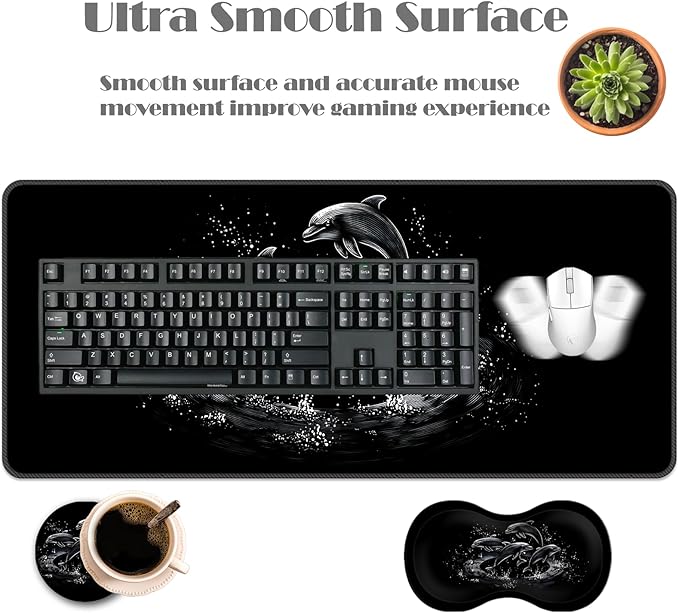 Ergonomic Keyboard Wrist Rest &amp Mouse Pad Wrist Rest SetXL Gaming Desk Mat 31.5x 11.8Non-Slip BaseMemory FoamEasy Typing Pain Relief for Office &amp HomeBlack White Dolphins Art