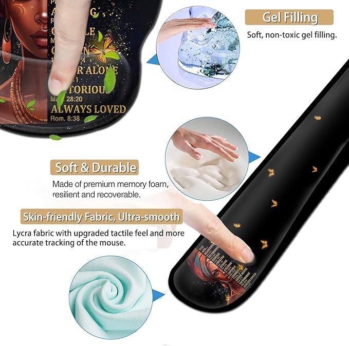 Ergonomic Gaming Mouse Pad Wrist Support and Memory Foam Keyboard Wrist Rest with Anti-Slip Base for Home Office Computer Desk Pad Gel Black Mouse Pad Easy Typing African American Women Black Girl