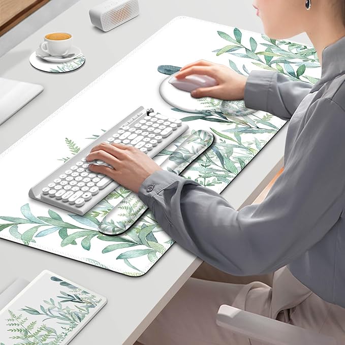 ToLuLu Desk Mat XXL Large Mouse Pad Wrist Support Set4 in1 Gaming Mousepad Desk Pad+ Ergonomic Mouse Pad with Wrist Rest + Keyboard Wrist Rest+Coaster for Home Office Computer Table Green Grass