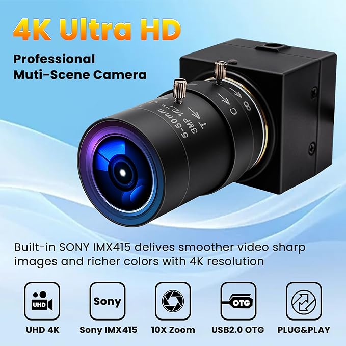 4K USB Camera - 10X Optical Zoom Ultra HD 2160P IMX415 Sensor Plug and Play for Windows Linux Mac Raspberry Pi