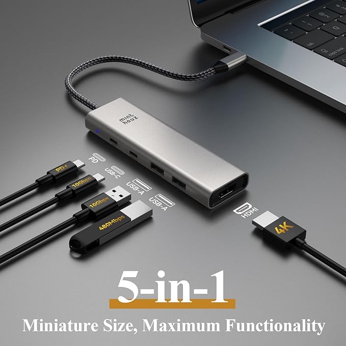Minthouz USB C Hub5-in-1 USBC to HDMI Splitter with 4K @60hz Display with 125W PD/10Gpbs USB-A Data Ports/USB C DongleUSBC Splitter Multiport Adapter for MacBook Pro/Air iMaca