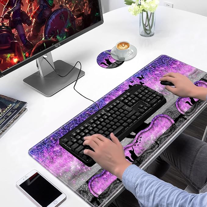 Ergonomic Keyboard Wrist Rest &amp Mouse Pad Wrist Rest Set Large XXL Gaming Desk Mat 31.5x 11.8 with Non-Slip Base Memory Foam Easy Typing Pain Relief for Home &amp Office Black Cat and Butte