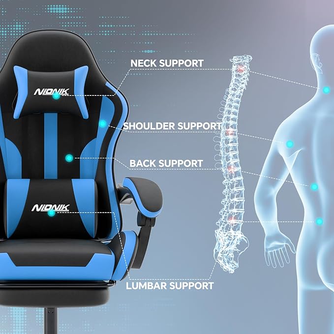 Gaming Chair Ergonomic Computer Chair with Footrest and Lumbar Support Height Adjustable Game Chair with 360°-Swivel Seat and Headrest and for Office or Gaming BlackBlue
