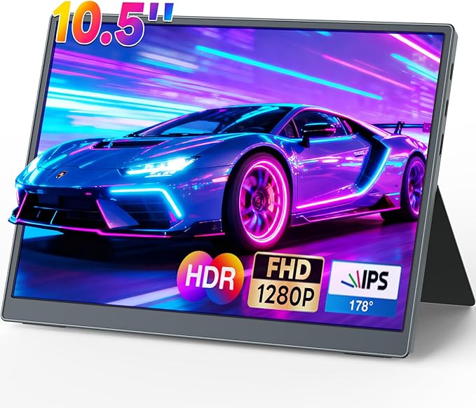 Portable Monitor 10.5 inch 1280P 420 Nits100% sRGB Ultra-Slim Travel Monitor HDR 16:10 Display with Adjustable Stand &ampSpeakers USB-C HDMI External Monitor for Laptop PC Phone