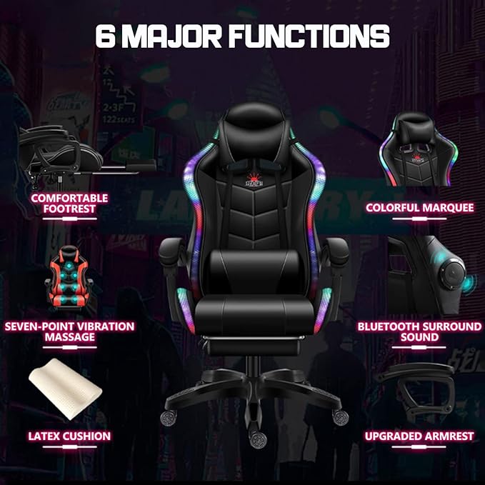Gaming Chair with Bluetooth Speakers Video Game Chairs for Teens Full Massage Computer Chair Ergonomic Racing Office Chair PU Leather Recliner Swivel Desk Chair with FootrestPink