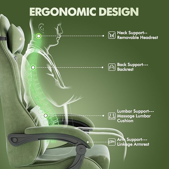 Huracan Velvet Fabric Racing Gaming Chair for Adults - Ergonomic Gamer Chair with Massage Lumbar Footrest &amp Spring Cushion | Home Office/Video Game Chair Green