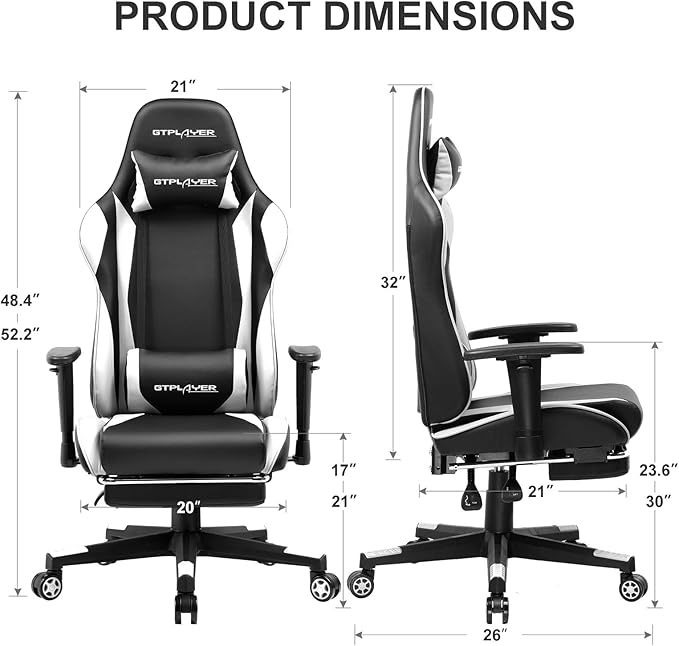 GTPLAYER Gaming Chair with Footrest Ergonomic Computer Game Desk Chair Reclining Game Chair Seat Height Adjustment Swivel Rocker with Headrest and Lumbar (White)