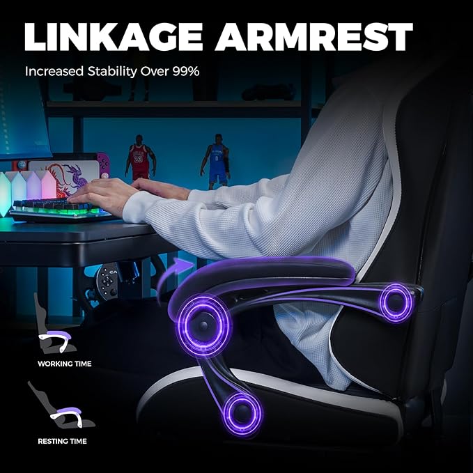 GTPLAYER Gaming Chair for Adults Ergonomic Computer Gaming Chair with Footrest Height Adjustable 90-155° Recline &amp Removable Headrest Lumbar Support White