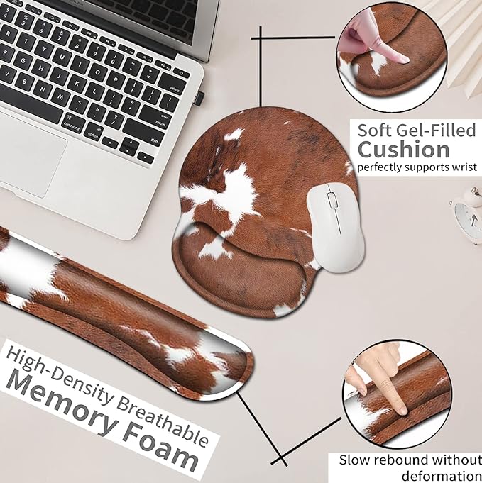 Keyboard Wrist Rest and Mouse Pad with Wrist Support Ergonomic Mousepad Coaster Easy Typing Pain Relief Keyboard Set Memory Foam Keyboard Wrist RestCowhide Farm Animal Skin Leopard Brown Cow