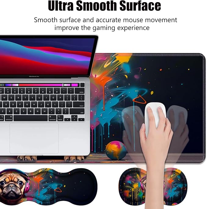 4 in 1 Ergonomic Memory Foam Mouse Pad Wrist Rest Set Large XXL Gaming Desk Pad + Keyboard Wrist Rest + Mouse Wrist Cushion + Coaster for Home Office Study Gaming Cute Pug with Headphones