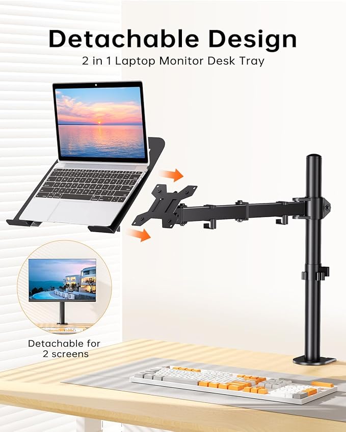 H&ampC(hcck&ampCllassp) Laptop Desk Mount for 11-17 Notebook Fully Adjustable with Tilt Swivel Rotation Extension Single Laptop Arm with Vented Tray C-clamp Black