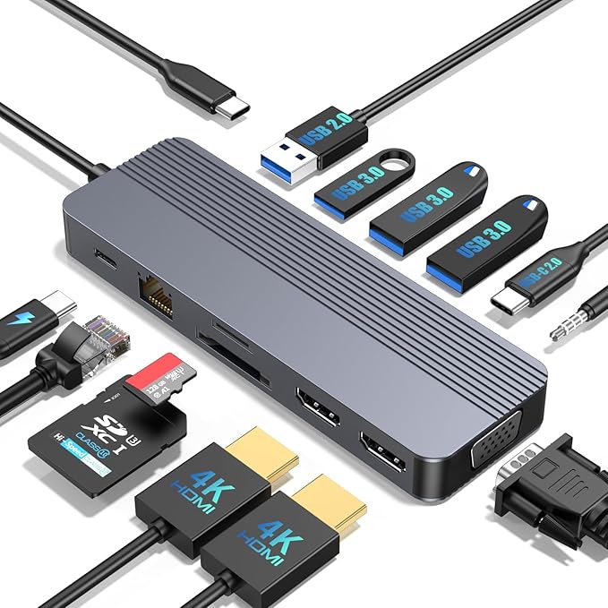 Docking Station 3 Monitors for HP/Dell/Lenovo/MacBook Laptop13 in 1 USB C Hub Computer Docking Station for Laptop with Dual HDMIVGAUSB 3.0Fast Charging PortSD/TF Card Reader3.5mm Audio