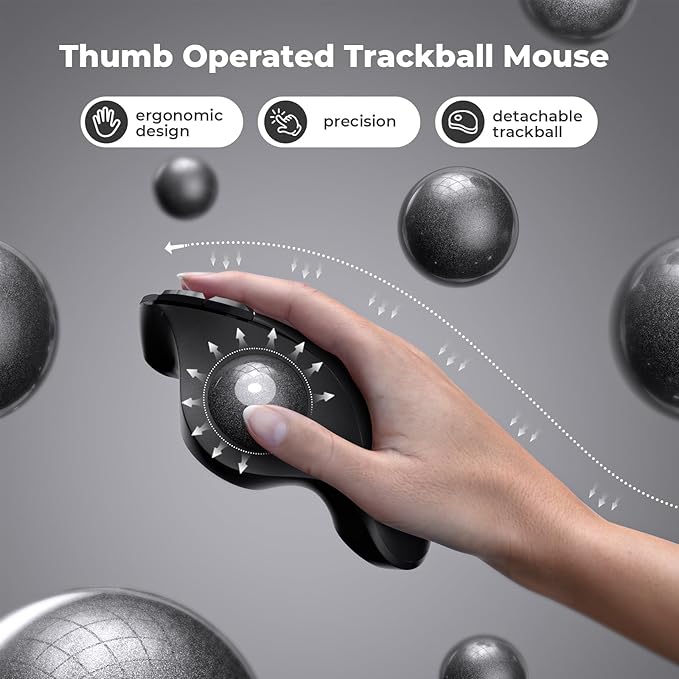 seenda Wireless Trackball Mouse Bluetooth - Ergonomic Rollerball Mouse Rechargeable 3 Device Connection Optical Mice Adjustable DPI Thumb Control Mice Compatible for Mac/Android/Windows-Black