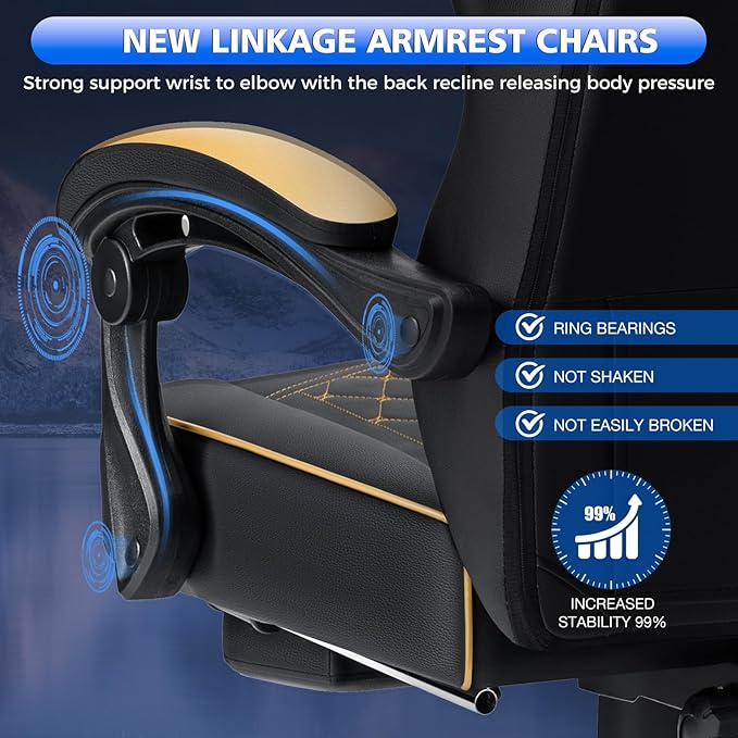 HOFFREE Gaming Chair Computer Chair with Speakers Massage Game Chairs with Footrest Bluetooth High Back Ergonomic Computer Gaming Chairs for Adults Reclining Video Gamer Chair Gold and Black