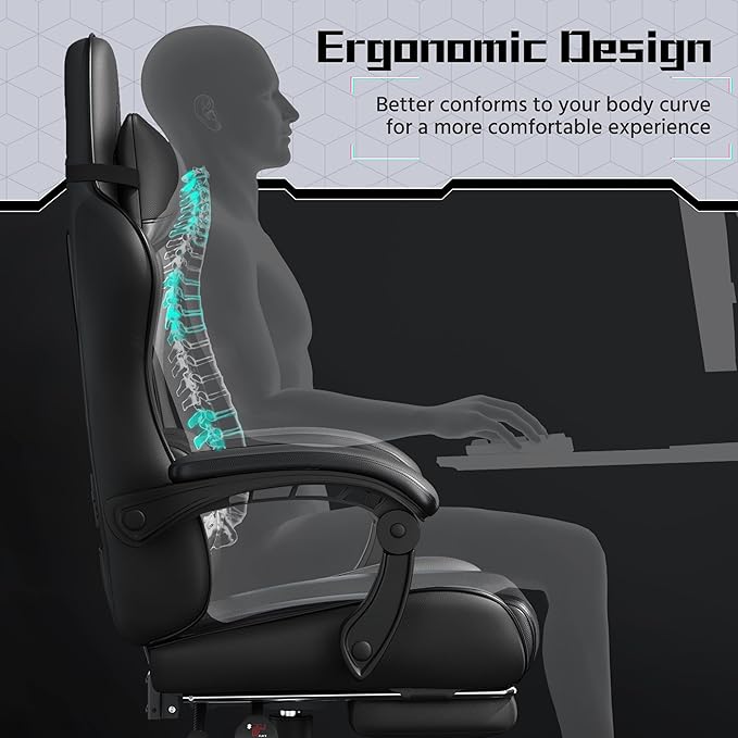 Yaheetech Gaming Chair Video Game Chair with Massage Lumbar Support and Footrest Height Adjustable Ergonomic Computer Chair with Swivel Seat and Headrest Full Black